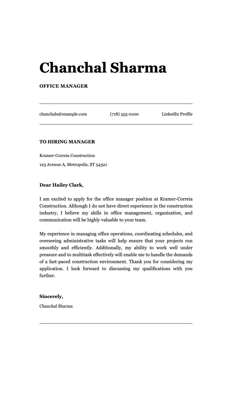 ATS office manager cover letter - Professional letter template for job applications featuring sender info, recipient details, and structured body text.